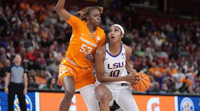 Tennessee forward Jillian Hollingshead defends against LSU forward Angel Reese at Bon Secours Wellness Arena.